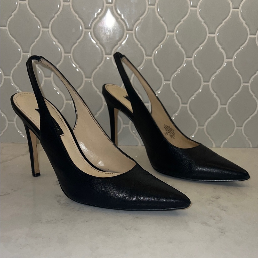 Nine West Feather Pointy Toe Elegant Black Slingback Heels Pumps